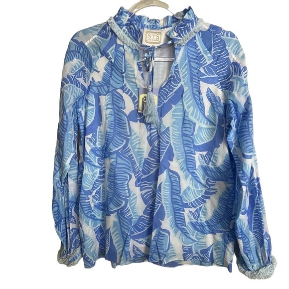 NWT STS Sail to Sable Palm Print Blue White Long Sleeve Top Sz S Tassel Neck Tie - Picture 1 of 9